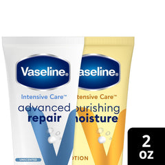 Vaseline Intensive Care Lotion Bundle – Advanced Repair Unscented Formula and Nourishing Moisture Hand and Body for Extremely Dry Skin, 2 OZ Ea (2 Piece Set)