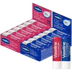 Vaseline Lip Therapy Bulk Lip Balm Rosy Lips & Original 12-Packs, 24 Sticks Total, 0.16 Oz Ea