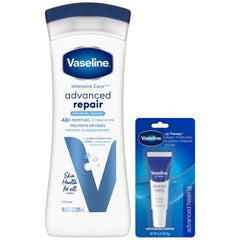 Vaseline Intensive Care Lotion, Unscented, Advanced Repair – Non-Greasy Moisturizer for Extremely Dry Skin + Professional Lip Therapy Tube