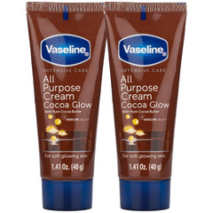 Vaseline Travel Essentials, All Purpose Cream Cocoa Glow 2-Pack, Hand & Body Lotion for Extremely Dry Skin, 1.41 Oz Ea