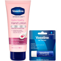 Vaseline Lotion & Lip Therapy Bundle – Healthy Hands Stronger Nails with Keratin Intensive Care Hand Lotion + Original Lip Balm Tube