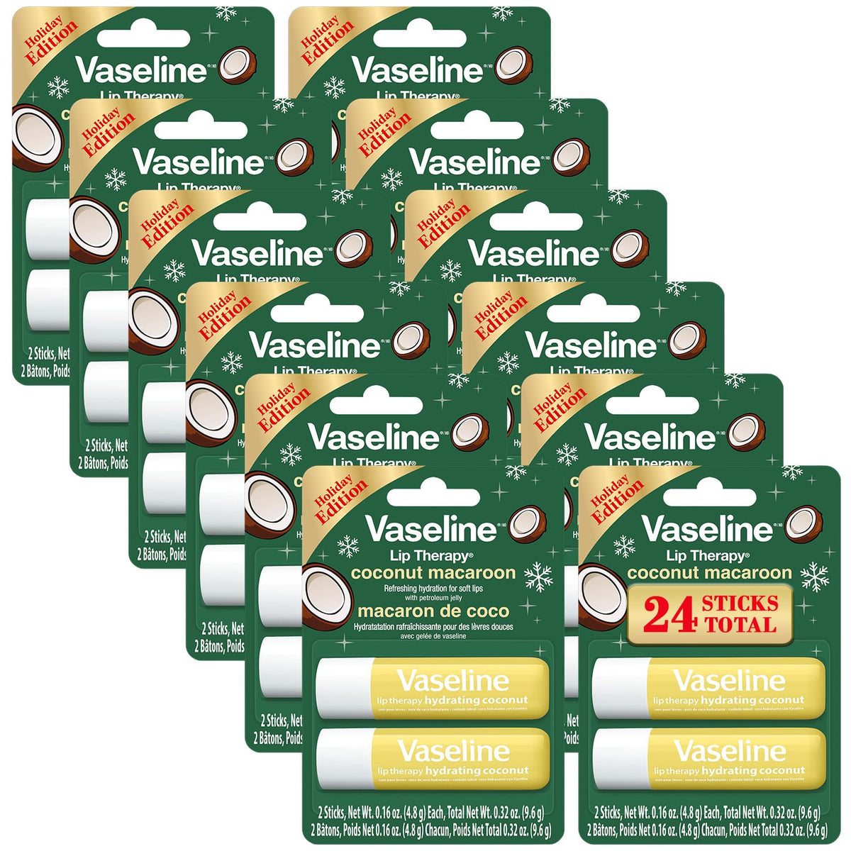Vaseline Lip Therapy Coconut Macaron Lip Balm Bulk, 12 Twin Packs (24 Sticks) + Lip Protectant, Stocking Stuffers, Secret Santa, 0.32 Oz Ea