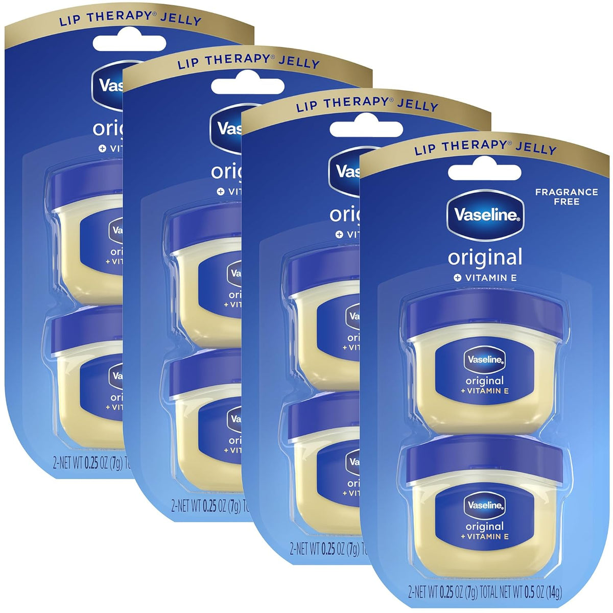Vaseline Lip Therapy 4 Twin Packs (8 Jars Total) – Mini Lip Balm for Healing Dry Lips, Travel-Size Petroleum Jelly Lip Care, 0.25 Oz Each