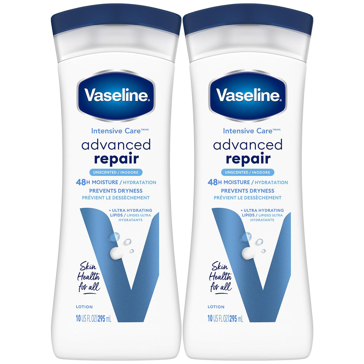Vaseline Intensive Care Lotion, Unscented, Advanced Repair 2-Pack – Non-Greasy Moisturizer for Extremely Dry Skin, 10 Oz Ea