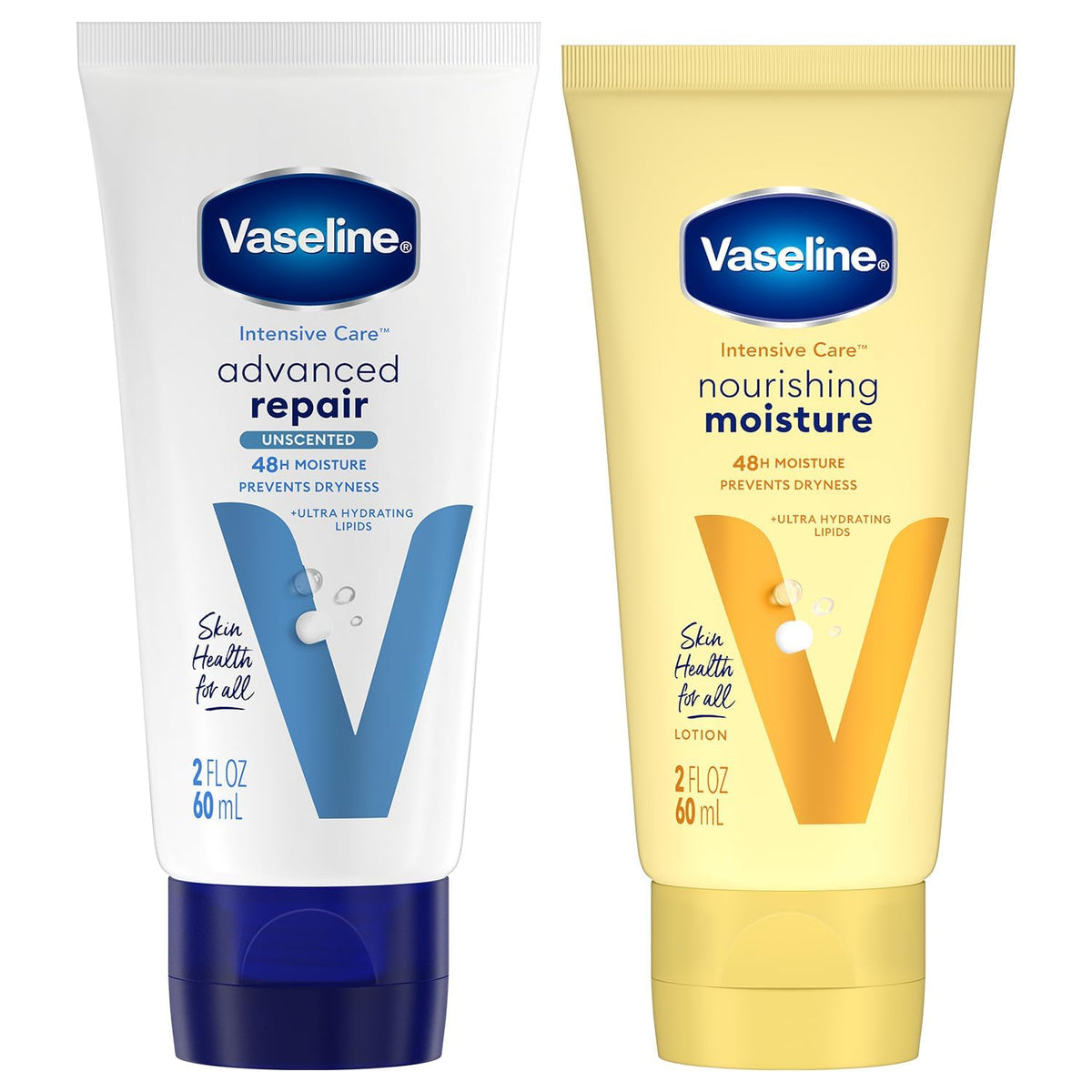 Vaseline Intensive Care Lotion Bundle – Advanced Repair Unscented Formula and Nourishing Moisture Hand and Body for Extremely Dry Skin, 2 OZ Ea (2 Piece Set)