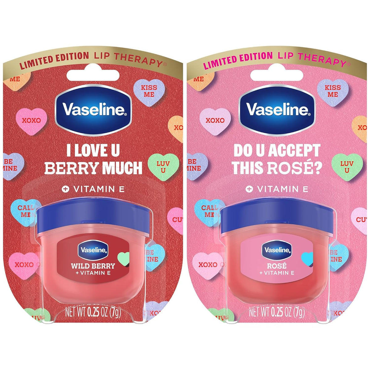 Vaseline Lip Therapy Mini Tinted Lip Balm Set, Valentine’s Day Limited Edition Rosé + Wild Berry with Vitamin E for Soft, Kissable Lips, 0.25 Oz Ea