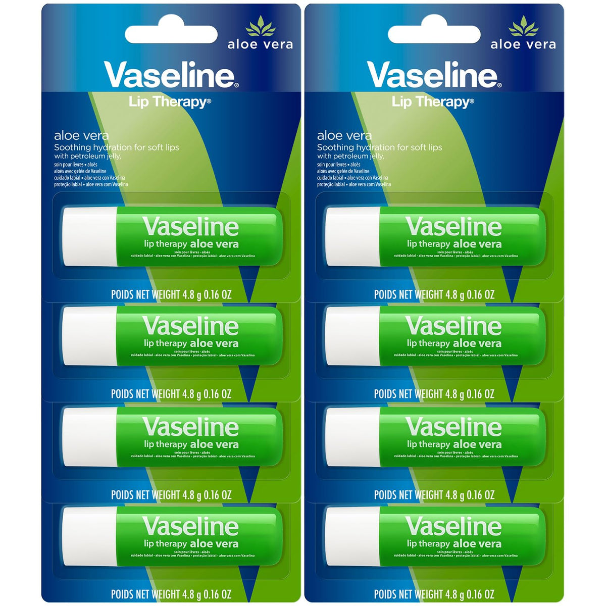 Vaseline Lip Therapy Aloe Fresh 8-Pack – Moisturizing Lip Balm for Very Dry Lips, 0.16 Oz Ea