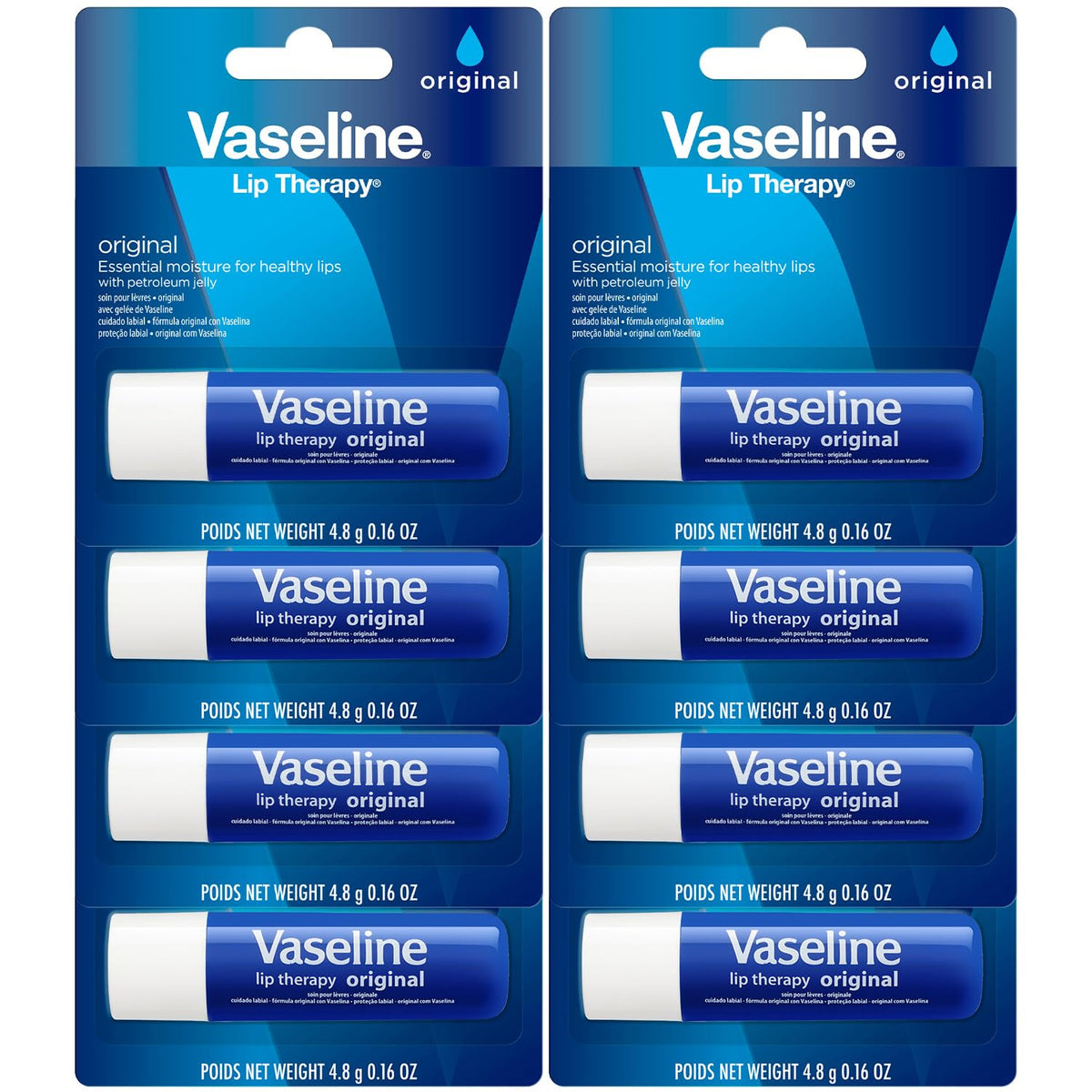 Vaseline Lip Therapy Original 8-Pack – Lip Moisturizer for Dry, Cracked Lips, 0.16 Oz Ea