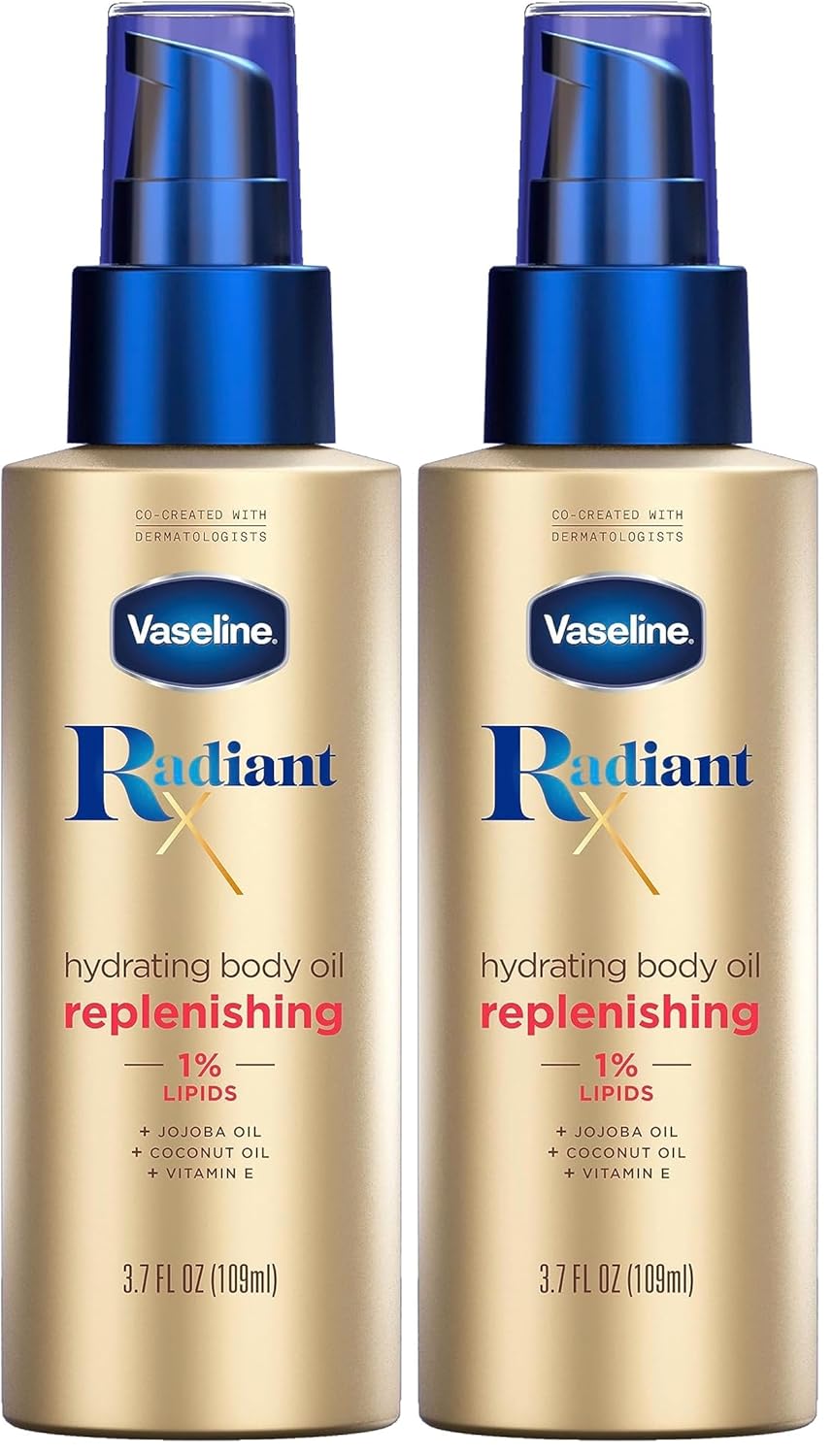 Vaseline Radiant X Replenishing and Hydrating Body Oil with 1% Lipids,Jojoba Oil,Coconut-Oil,& Vitamin E 3.7 oz,(Pack of 2)