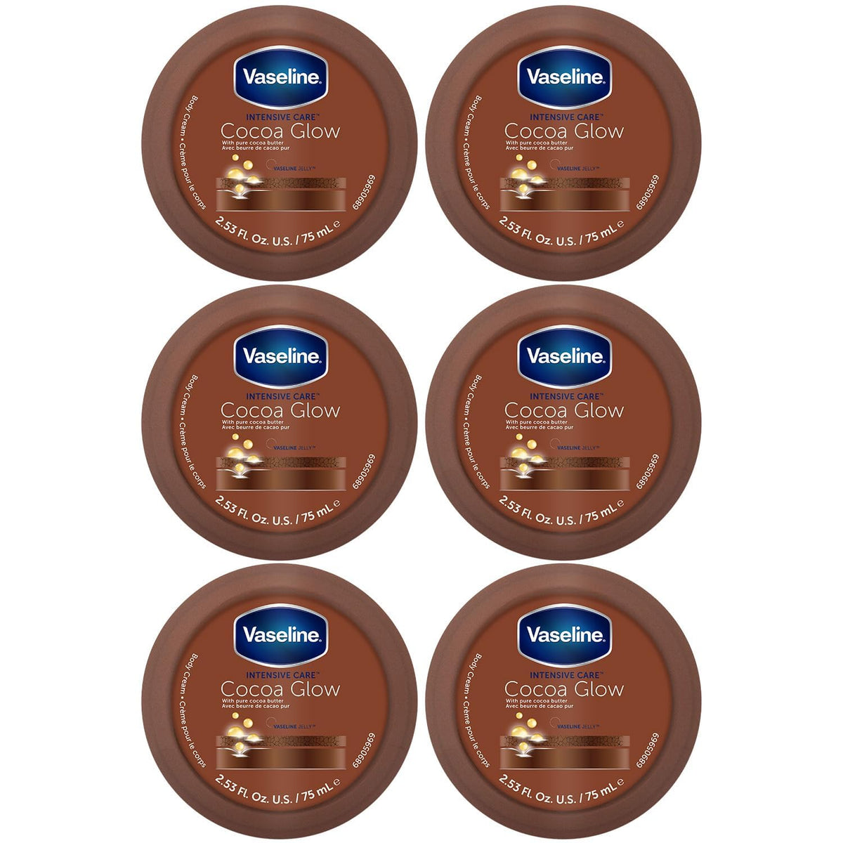 Vaseline Cocoa Glow Body Cream 6-Pack – Pure Cocoa Butter 48H Moisturizing Cream for Dry Skin, Travel-Size, 2.53 Fl Oz Ea