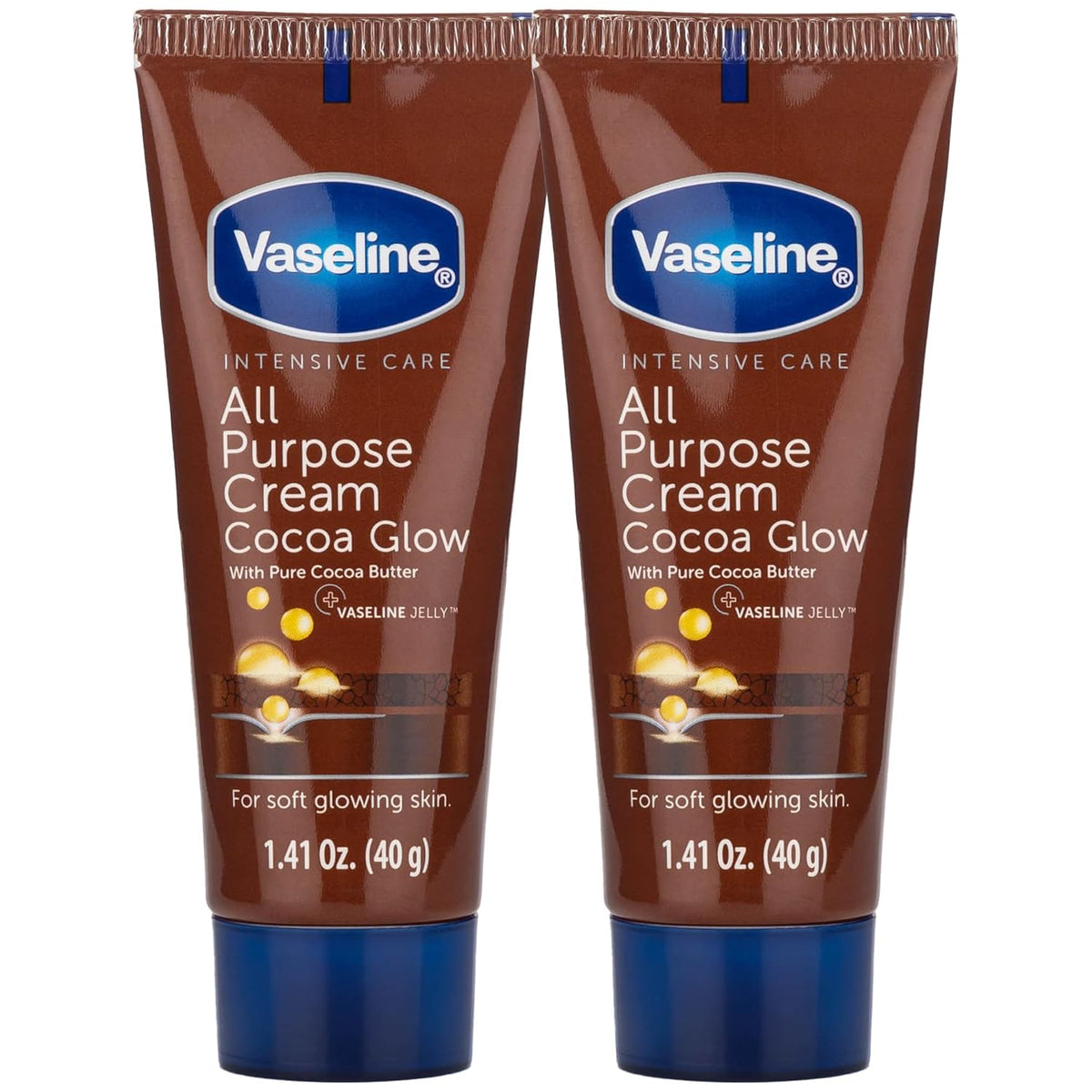 Vaseline Travel Essentials, All Purpose Cream Cocoa Glow 2-Pack, Hand & Body Lotion for Extremely Dry Skin, 1.41 Oz Ea