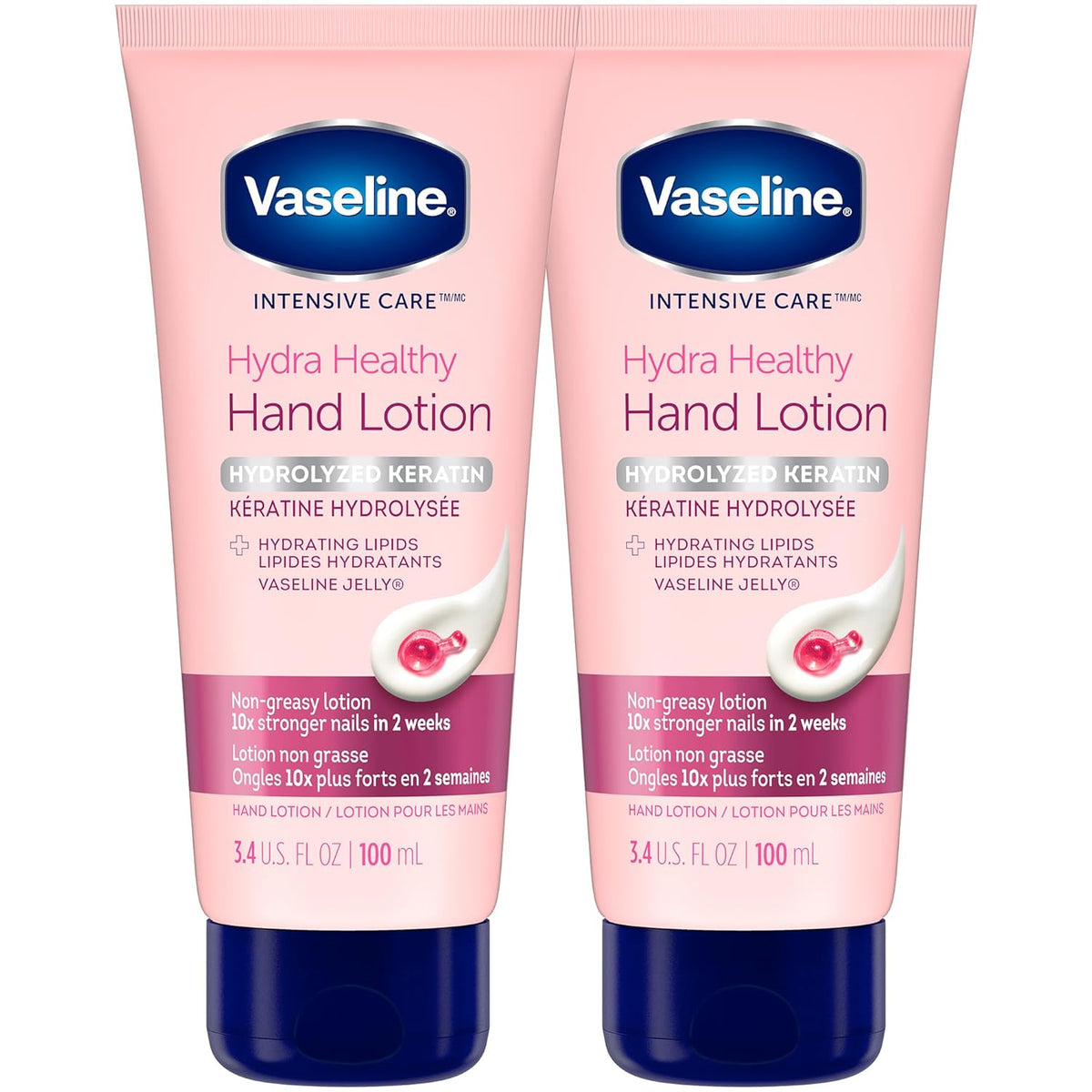 Vaseline Hand Cream 2-Pack – Healthy Hands Stronger Nails with Keratin, 10X Stronger Nails in 2 Weeks, 3.4 Oz Ea